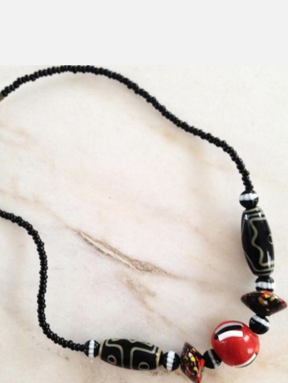 Vintage West African Graphic Trade Bead Necklace | Eye Beads · Red Coral · Dzi-S